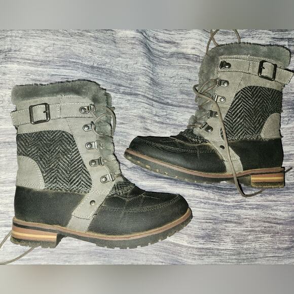 Womens Winter Ankle Boots Lace Up Faux Fur Trim Herringbone Detail - Picture 1 of 15